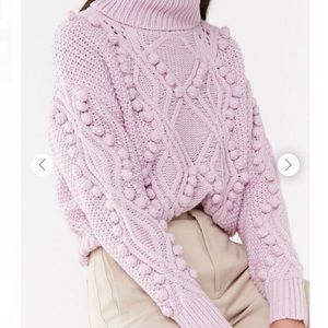 Turtleneck Cable-Knit Pom Pom Sweater